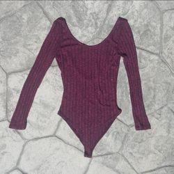 Ribbed Bodysuit Long Sleeve Low Back Sheer Purple Medium