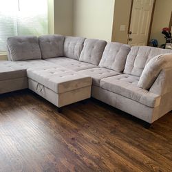 Grey Chenille Sectional Couch And Ottoman