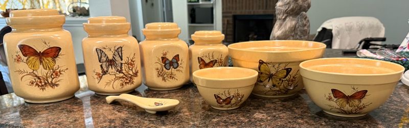 Vintage Pottery Craft Butterfly Kitchen Canister Set of 3 Made in USA