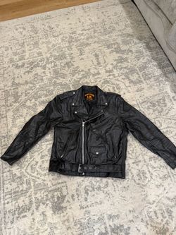 Men’s Genuine Leather Motorcycle Biker Jacket – Size 44 – Black