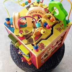 🏆Best Seller! ZANY ZOO 🐒🦒Wooden Educational Activity Cube with Animals, Spinners, Bead Rollercoaster, Functional Doors  
