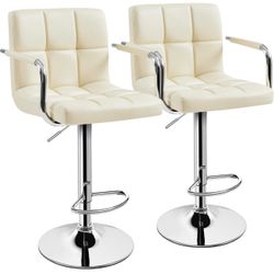 Bar Stools Set of 2, PU Leather Adjustable Swivel Barstools, Hydraulic Kitchen Counter Height Bar Chairs with Armrest and Back for Bar, Kitchen