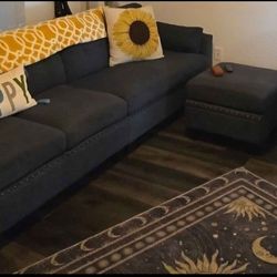 Dark Gray Sectional Couch with Ottoman – Excellent Condition