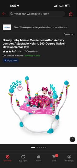 Disney baby Minnie mouse peekaboo activity jumper: adjustable height, 360-degree swivel, developmental toys