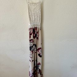 Glare Maxi Dress, Lace Halter Top, Cream with Flower Pattern, Size Sma
