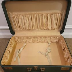 Vintage Mid Century Mendel Suitcase Satin Pockets Dark Emerald Green Excellent 