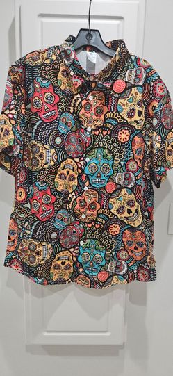 Sugar Skull Print Button-Up Short Sleeve Shirt XL