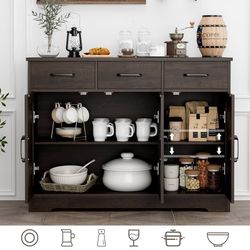 Modern Farmhouse Buffet Sideboard Cabinet, Barn Doors Storage Cabinet with Drawers and Shelves, Wood Coffee Bar with Storage for Dining Roo