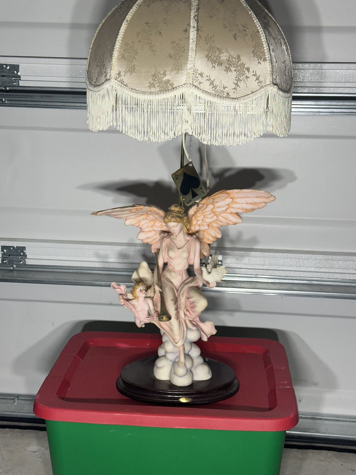 Lamp De Capoli Collection Porcielain Hand Painted Wide Wind Angel With Cherub Holding Dove 38” Height