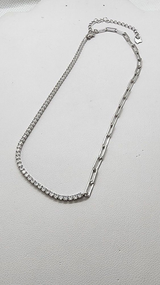 Brand New Sterling Silver 925 Tennis Paper Clip Style Necklace 