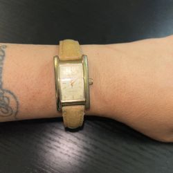 Peugeot Women's Gold Plated Rectangle Leather Dress Watch 3007 Untested AS IS