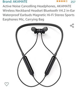 Active Noise Cancelling Headphones, AKAMATE Wireless Neckband Headset Bluetooth V4.2 in-Ear Waterproof Earbuds Magnetic Hi-Fi Stereo Sports