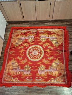 Vintage Brocaded Flowers Chinese Silk Embroidered Red Tapestry With Fringe