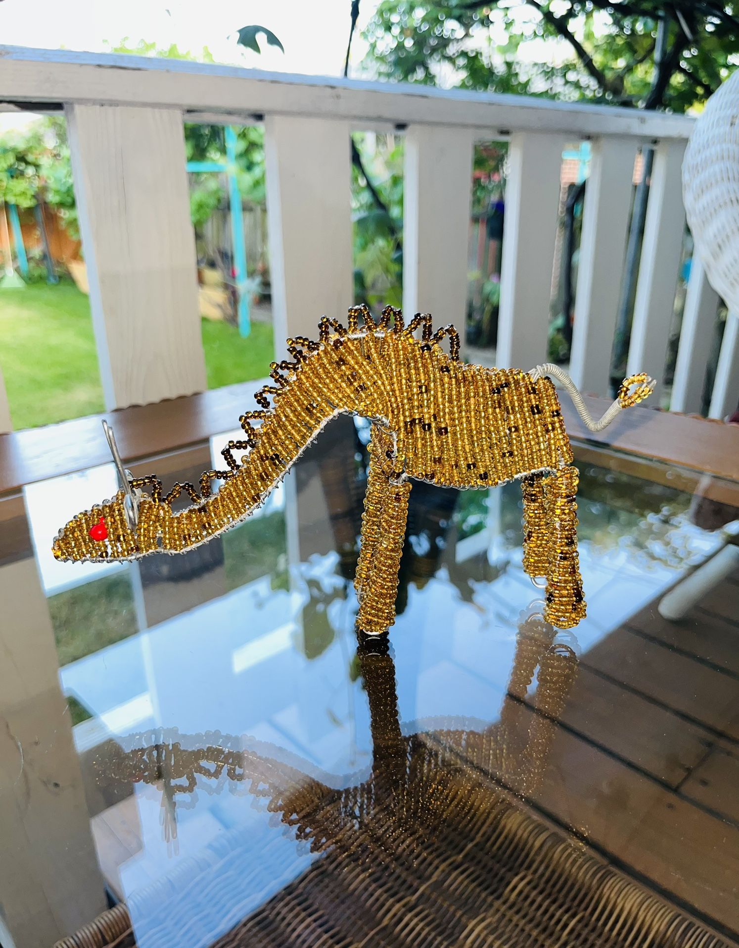 Fair Trade Wire Beaded Giraffe Sculpture - Bending Down