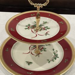 Mikasa Palatial Holly Gold two-tiered porcelain serving tray with metal stand.