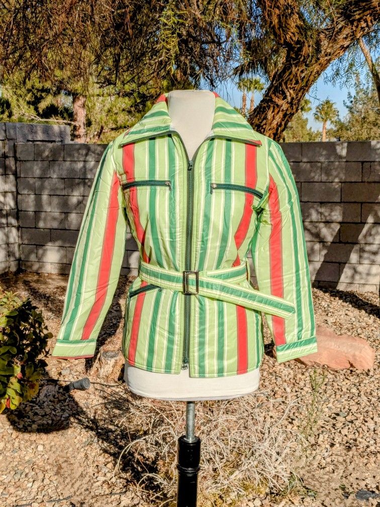 VTG 1970s Women's Petite Small Striped Nylon SkiDress France Parka Jacket EUC
