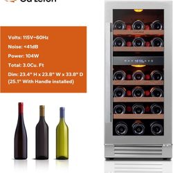 Ca'Lefort 15 Inch Wine Fridge & Cooler - Dual Zone 28 Bottles Wine Fridge with Glass Door, Small Wine Refrigerator with 3 LED Light Built-in for Home 