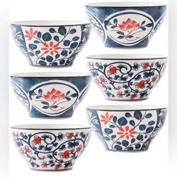 NEW West Elm (Set of 6) Blue Boho Ceramic Floral Dinnerware Soup Bowls Dish Set