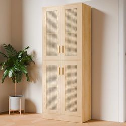B743 $110  Kitchen Pantry Cabinet, 71" Tall Rattan Doors Storage Cabinet and Adjustable Shelves, Modern Farmhouse Wood Cupboard Utility Hutch for Kitc