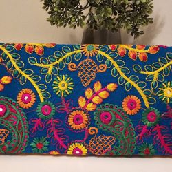 Indian Hand Embroidered Clutch Hand Bag - Blue Color  