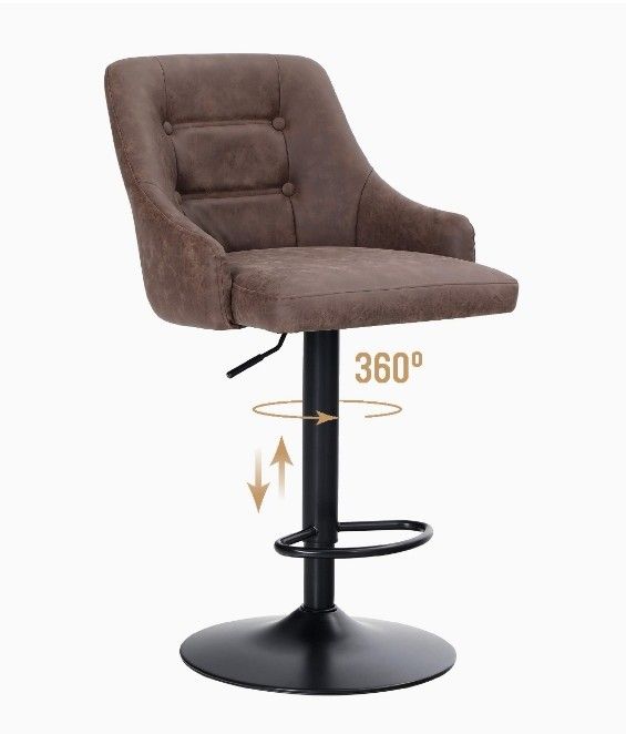 Swivel Bar Stool Adjustable Airlift Counter Height Bar Stool Kitchen Hydraulic PU Leather Bar Chair with Padded Back and Black Chromed Metal Base, Br