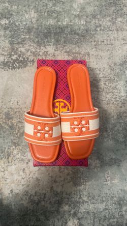 Tory Burch Orange and Cream Slide Sandals with Logo Strap