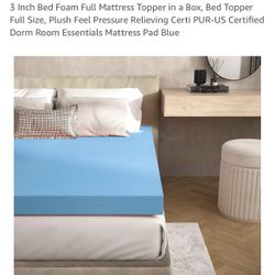 Jacia 3” Full Size Mattress Topper Plush Feel Pressure Relieving Blue New in Box 