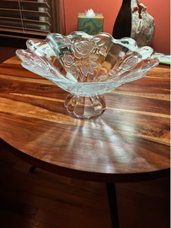 Vintage Imperlux Crystal Centerpiece Bowl Clear Frosted Roses 1950s Bohemian