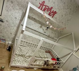 White Wood House Frame Kids Floor Bed
