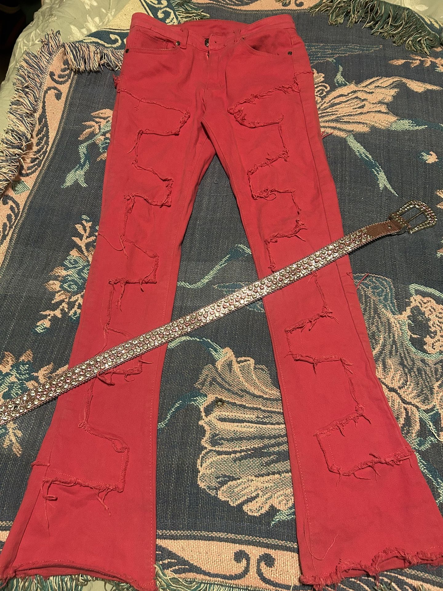 Men Pink Stacked Jeans And Men Pink Rhinestone Belt