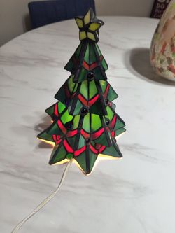 Tiffany-style Vintage Christmas tree lamp handcrafted stained glass in green and red with blue 10"