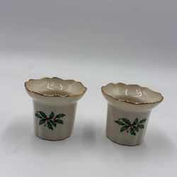 Set Of 2-  Lenox Holiday Holly Votive Candle Holder with gold trim
