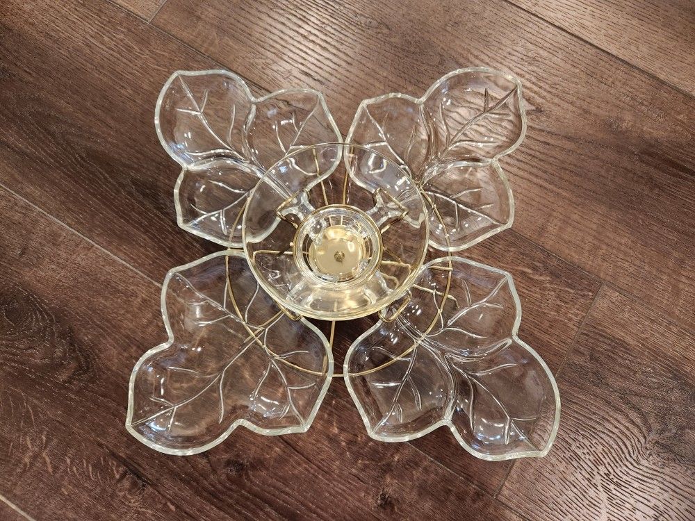 set of vintage Hazel-Atlas glass maple leaf dishes with a lazy Susan serving tray. Rare Find , good condition