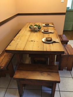 Reclaimed wood dining table + chair & bench