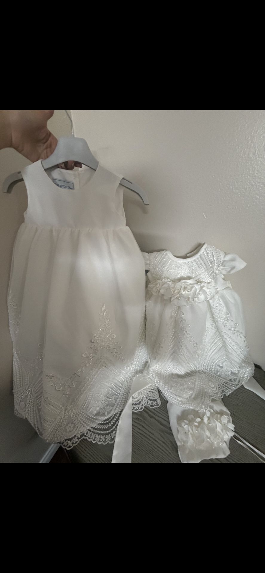 Elegant two-piece baptism dress set for baby girls. Includes one short dress and one long overlay gown, can be worn separately for a simple look or t