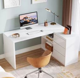 HL0180 White L-Shaped Computer Desk with 3 Drawers, 55-Inch Modern Gloss Corner Home Office Executive Desk with LED Lights