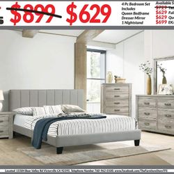 4pc Bedroom Set $629 Queen $699 Eastern King/California King Includes bedframe Dresser mirror nightstand Light Grey Bedroom Set