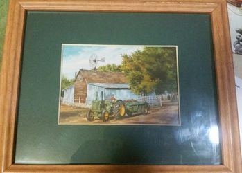 Small John Deere picture in Oak frame