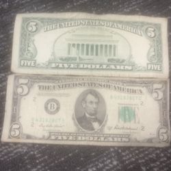 2 Old Money Five  Dollar Bills