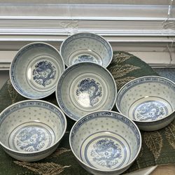6 Chinese Porcelain Rice, Grain, Dragon Bowls