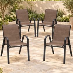 Set of 4 Brown Stackable Textilene Patio Armchairs with Powder-Coated Metal Frame.