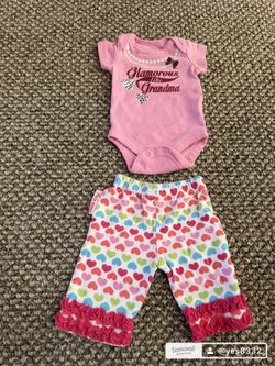 Pink 'Glamorous Like Grandma' Baby Onesie & Heart Ruffle Pants Set