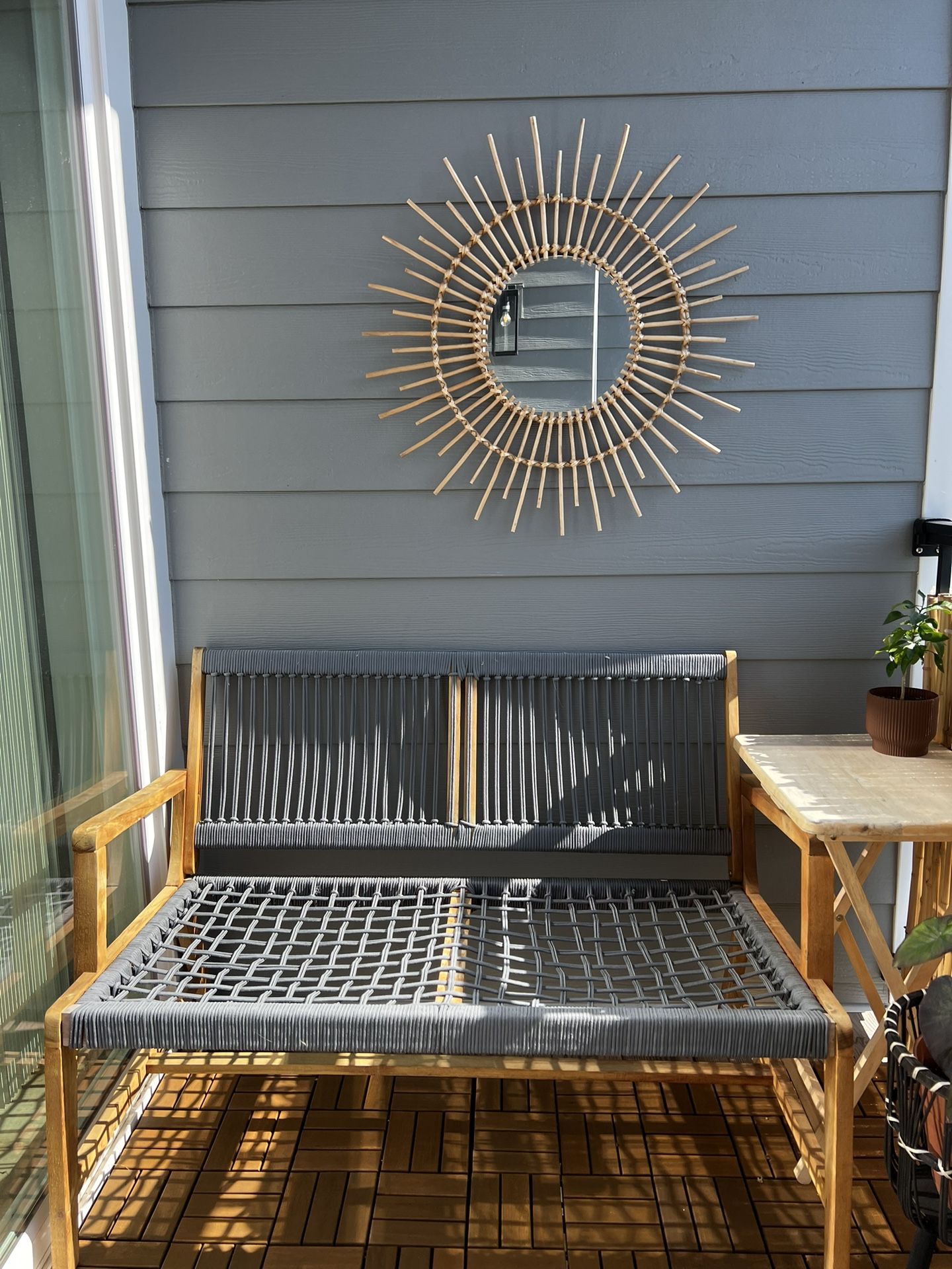 Grey Woven Wood Outdoor Patio Chair Bench