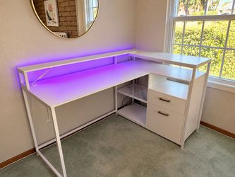 White L-Shaped Desk with Color-Changing LED Lights, File Drawer & Storage