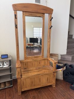 Wooden Hall Tree with Mirror, Coat Hooks & Storage Bench