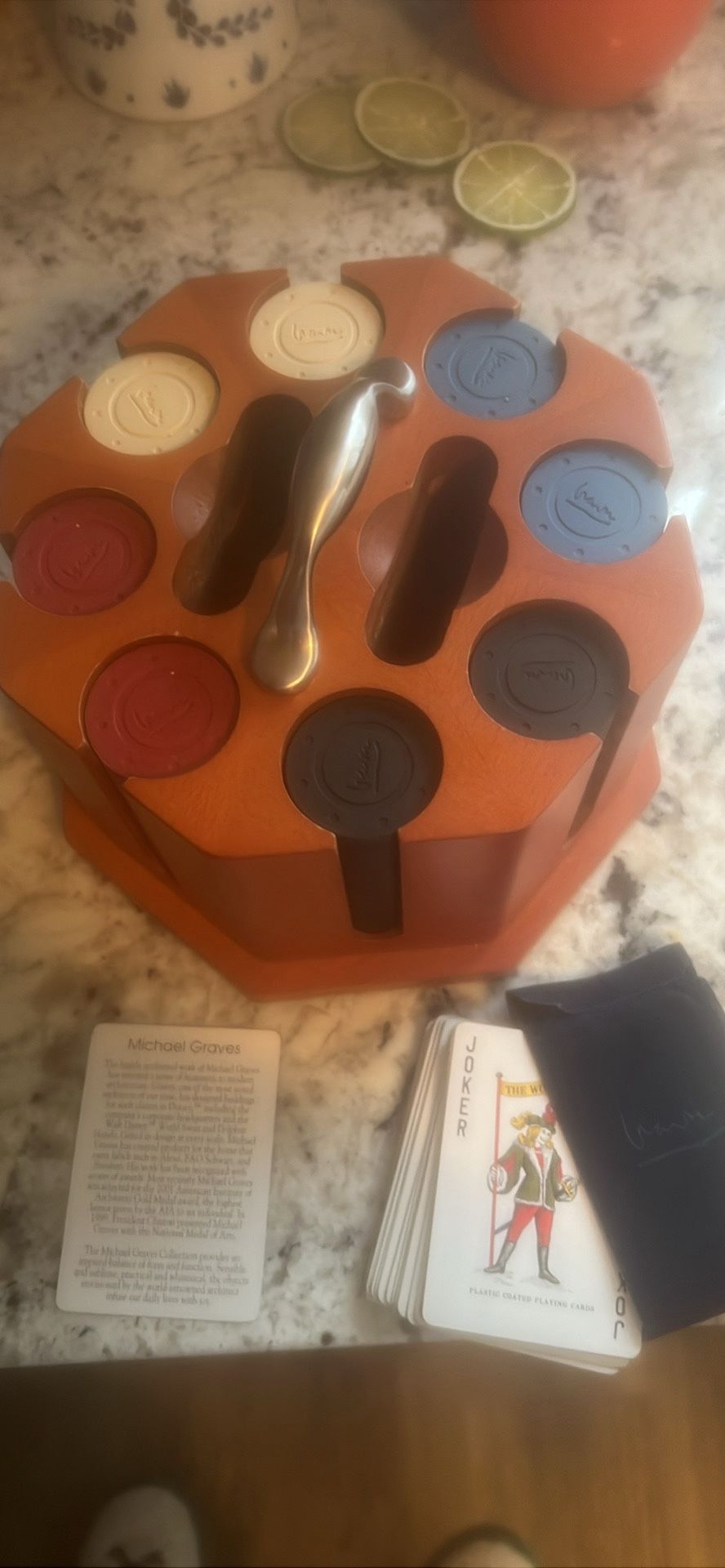 Michael Graves Poker Set 240 Chips 1 Deck Cards Cherry Finish Carousel 8.2 Lb. Exc. Condition - Game
