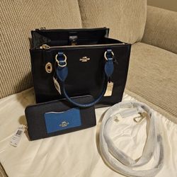Coach Gold Carriage Horse Satchel With Strap & a FREE matching Wallet as a bonus! Royal Blue, Navy, & Black Snake Skin! Satchel  is 10×10! Final Drop!