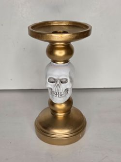 Gold and White Skull Pillar Candle Holder Gothic Halloween Decor Pedestal