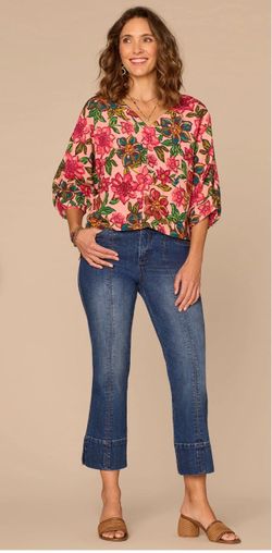 Democracy pink floral blouse with green and blue flowers, size L. Brand new with tags