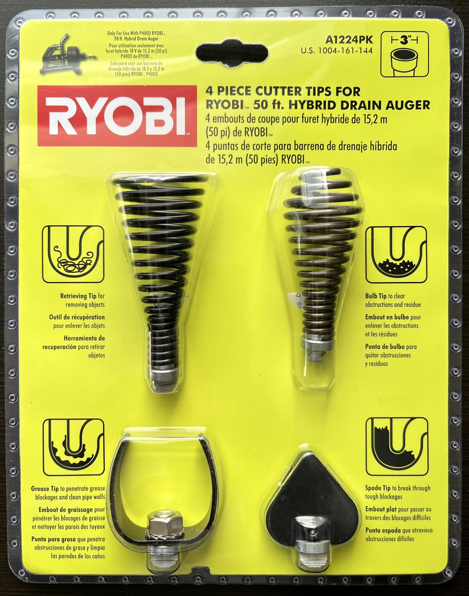 New Sealed! Ryobi Cutter Tips For Drain Auger P4003 (4Piece) A1224PK